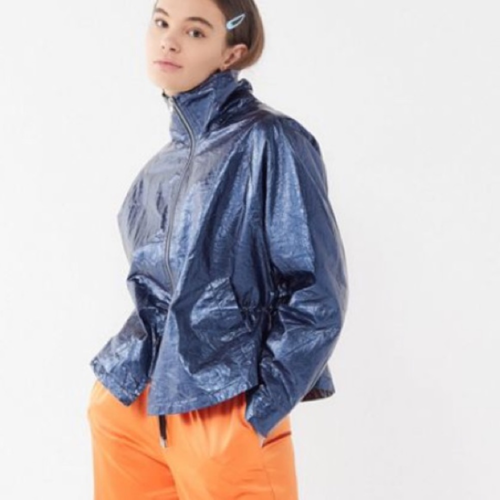 UO blue metallic lightweight anorak jacket LARGE